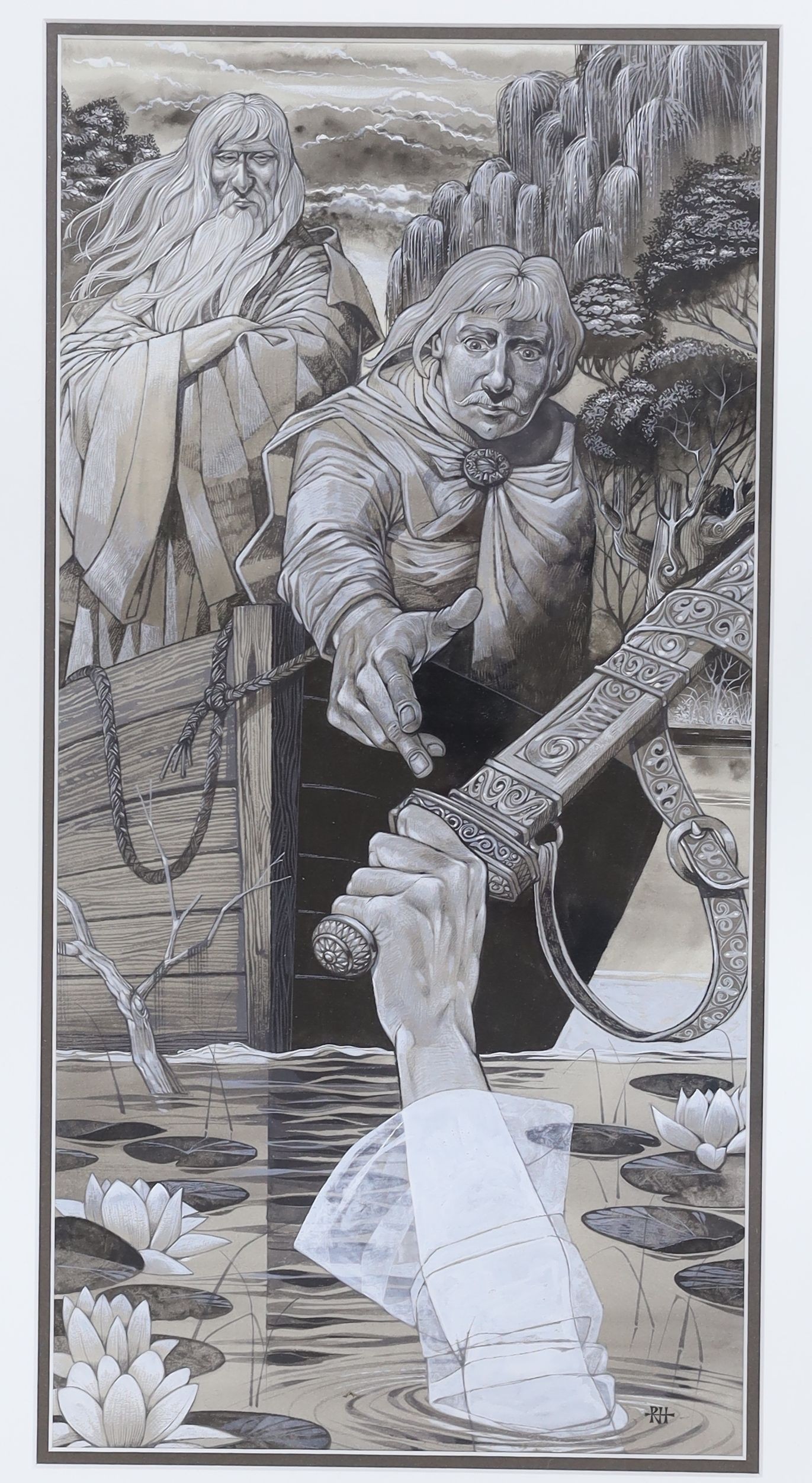 Richard Hooke (1938-2010), monochrome gouache, King Arthur and the sword in the lake, monogrammed, 48 x 24cm